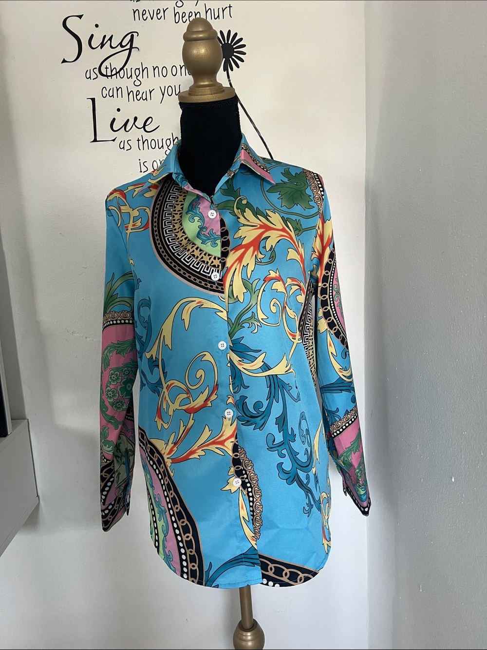 Women Blue Baroque Print Button-Up Shirt